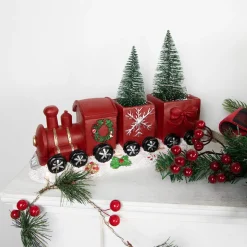 LED Lighted Frosted Trees in Train Christmas Decoration - 12" - Red and Gold