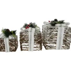 LED Lighted Gift Boxes with Pine and Berries Christmas Decorations - 9.75