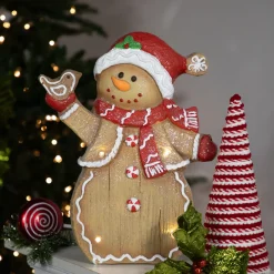 LED Lighted Gingerbread Snowman with Bird Christmas Figure - 15"