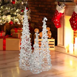 LED Lighted Glittered Cone Tree Christmas Decorations - 39.25" - White - Set of 3