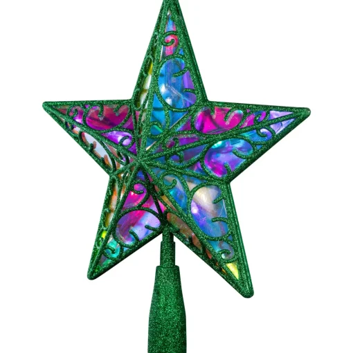 LED Lighted Glittered Star Christmas Tree Topper - 11" - Green - Multicolor Lights