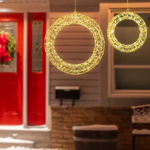 LED Lighted Hanging Christmas Wreath Decorations - 18" - Set of 2 - Gold Lights