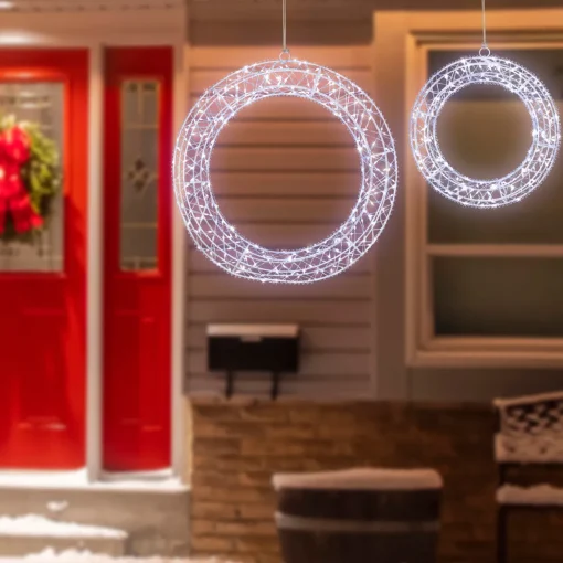LED Lighted Hanging Christmas Wreath Decorations - 18" - Set of 2 - Cool White Lights