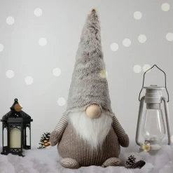 LED Lighted Knitted Gnome with Faux Fur Hat Christmas Figure - 23.5"