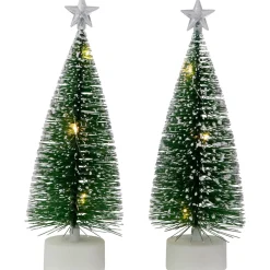 LED Lighted Mini Bottle Brush Pine Christmas Village Trees - Warm White - Set of 2