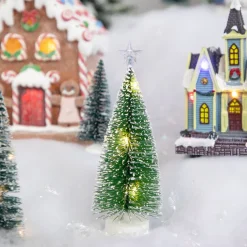 LED Lighted Mini Bottle Brush Pine Christmas Village Trees - Warm White - Set of 2