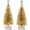 LED Lighted Mini Bottle Brush Pine Christmas Village Trees - Gold Finish - Set of 2