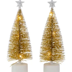 LED Lighted Mini Bottle Brush Pine Christmas Village Trees - Gold Finish - Set of 2