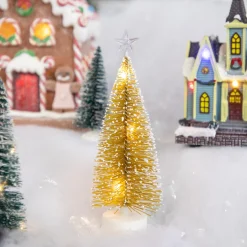 LED Lighted Mini Bottle Brush Pine Christmas Village Trees - Gold Finish - Set of 2