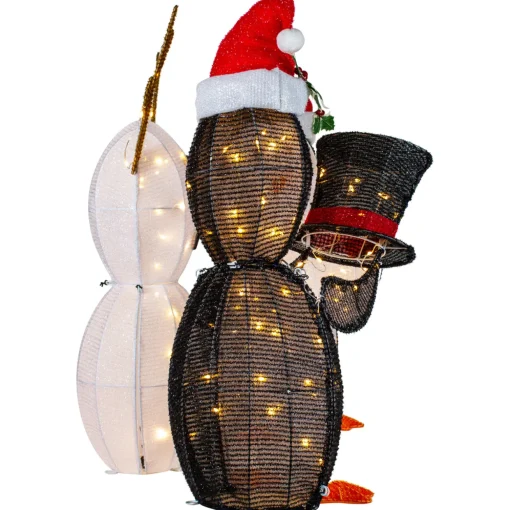 LED Lighted Penguins Building Snowman Outdoor Christmas Decoration - 35" - Set of 3