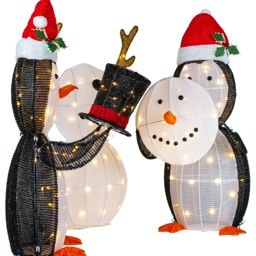 LED Lighted Penguins Building Snowman Outdoor Christmas Decoration - 35" - Set of 3