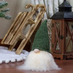 LED Lighted Plush Green Knit Hat Gnome Head Christmas Decoration - 11"