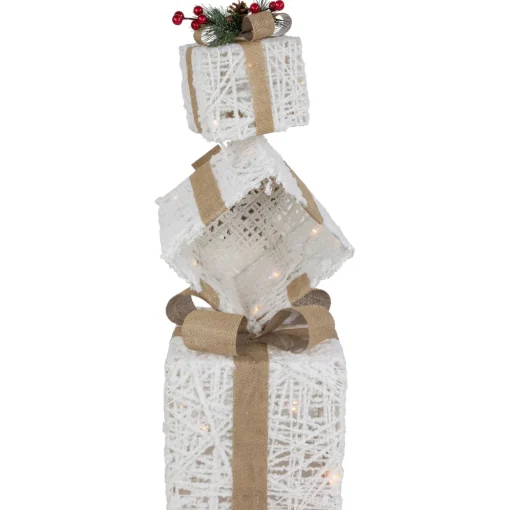 LED Lighted Stacked Gift Boxes Christmas Decoration - 25.25" - White and Beige