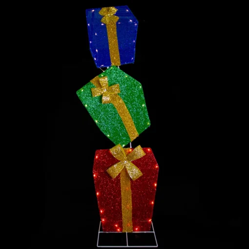 LED Lighted Stacked Tinsel Gift Boxes Outdoor Christmas Decoration - 48" - Warm White