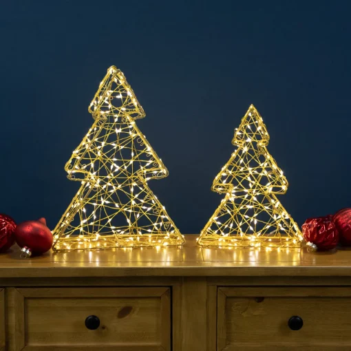 LED Lighted Wire Christmas Tree Decorations - 14" - Gold - Set of 2