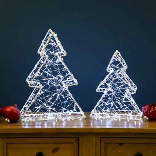 LED Lighted Wire Christmas Tree Decorations - 14" - White - Set of 2