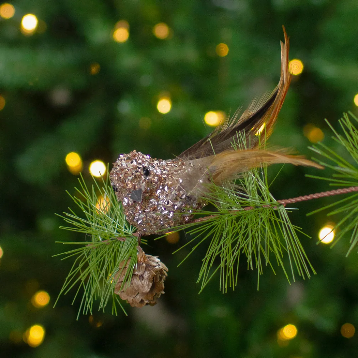 Left-Facing Sequin Bird Clip-on Christmas Ornament - 5.5" - Champagne Gold