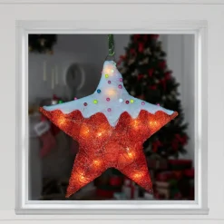 Lighted Candy Covered Sisal Star Christmas Window Decoration - 18" - Clear Lights