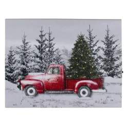 Lighted Christmas Tree in a Red Truck Canvas Art - 8"