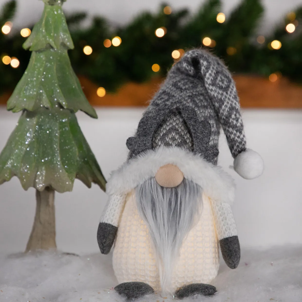 Lighted Gnome with Antlers Christmas Figure - 9" - Gray and White