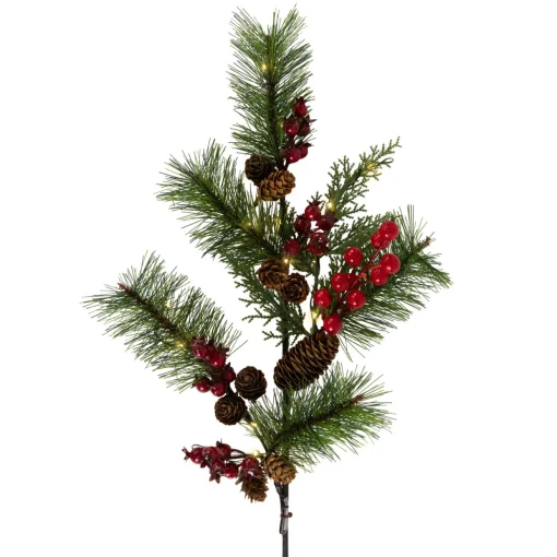 Lighted Pinecone, Berry and Pine Christmas Spray - 27" - Warm White