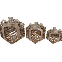 Lighted Rattan Gift Boxes with Burlap Bows Christmas Decorations - 9" - Set of 3