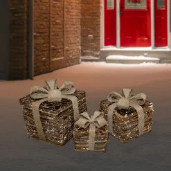 Lighted Rattan Gift Boxes with Burlap Bows Christmas Decorations - 9" - Set of 3