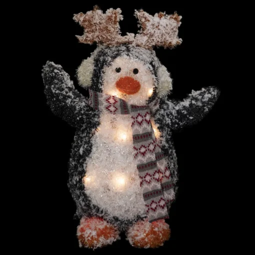 Lighted Snowy Penguin in Antler Hat Outdoor Christmas Decoration - 22" - Warm White