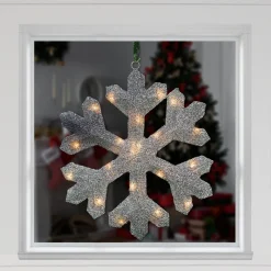 Lighted Tinsel Snowflake Christmas Window Decoration - 20" - Silver - Clear Lights