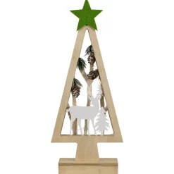 Lighted Wooden Christmas Tree with Star and Reindeer Woodland Scene - 15"