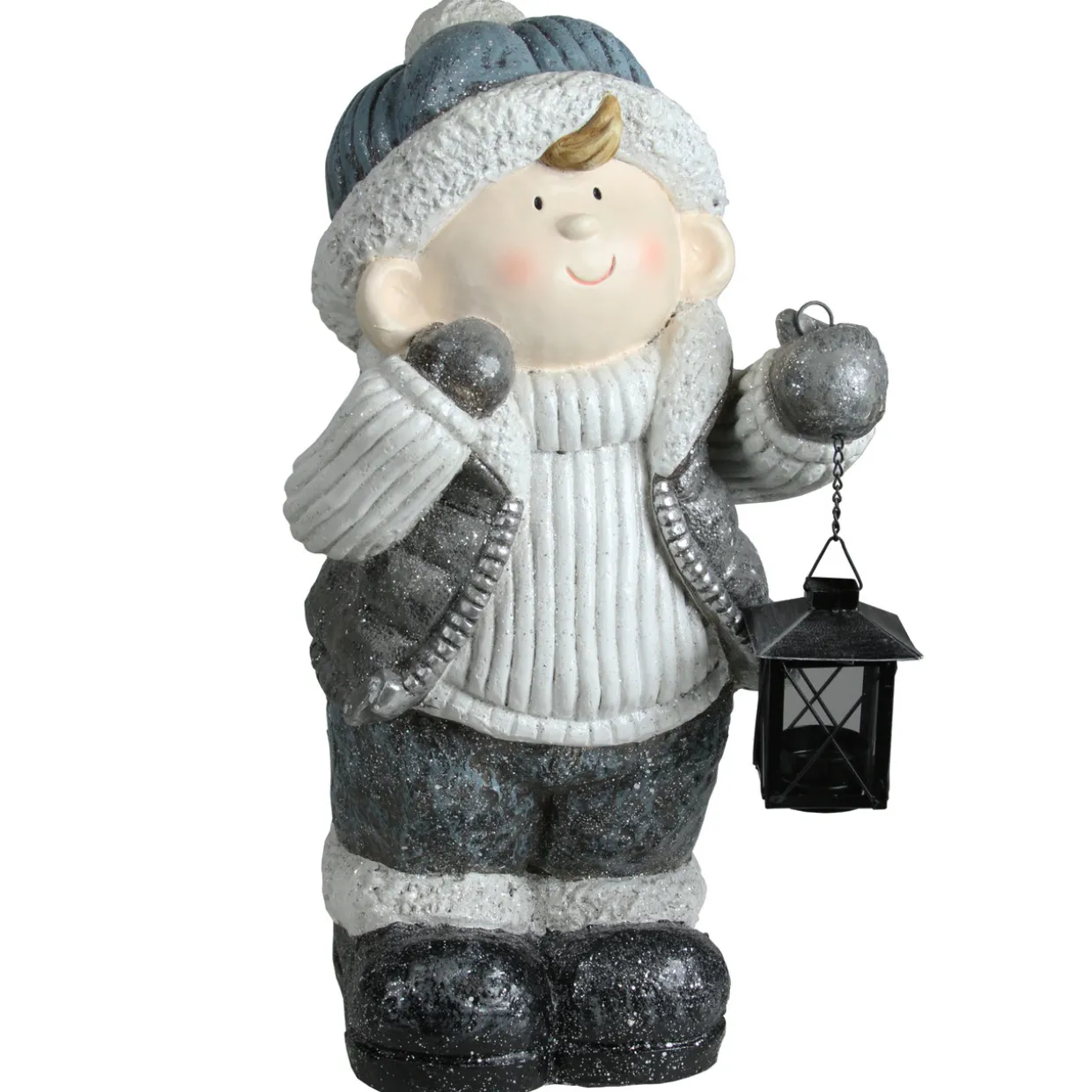 Little Boy Holding a Tea Light Lantern Christmas Figure - 18.5" - White and Gray