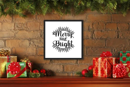 Merry and Bright 15.5" x 15.5" Framed Christmas Wall Decor Art Print Sign Poster in a Black Wooden Frame with UV Acrylic and Hangers