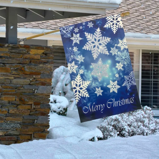 Merry Christmas and Snowflakes Blue and White House Flag 28" x 40"