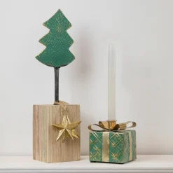 Metal Tree with Stars and Chunky Wooden Base Christmas Decoration - 16.75" - Green