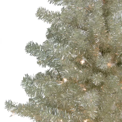 Metallic Platinum Artificial Tinsel Christmas Tree - 7 ft Clear Lights