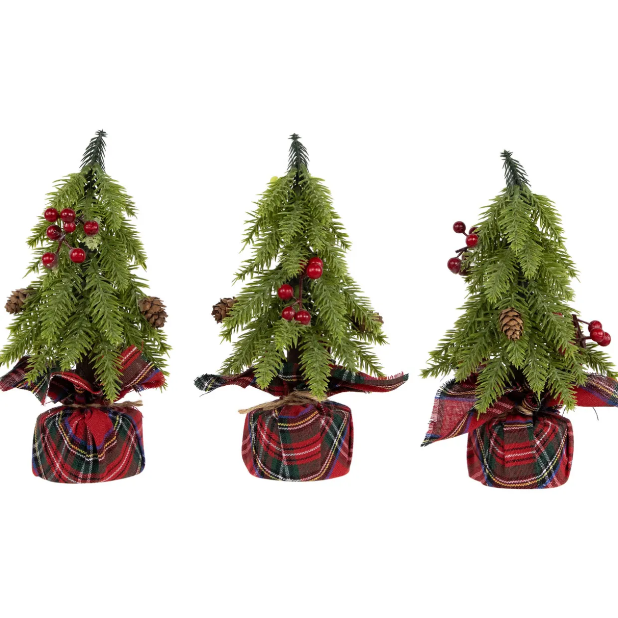 Mini Downswept Pine Artificial Christmas Trees with Pine Cones - 9" - Set of 3
