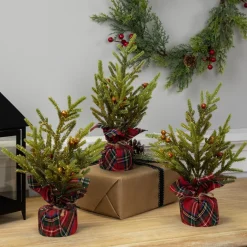 Mini Glittered Pine with Berries Artificial Christmas Trees - 9" - Set of 3