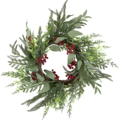 Mixed Foliage and Red Berries Artificial Christmas Wreath, 24-Inch, Unlit