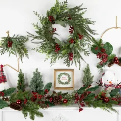 Mixed Foliage and Red Berries Artificial Christmas Wreath, 24-Inch, Unlit