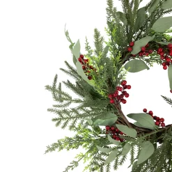 Mixed Foliage and Red Berries Artificial Christmas Wreath, 24-Inch, Unlit