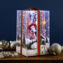 Musical Santa Lighted Snowing Gift Box with Ribbon Christmas Decoration - 12"
