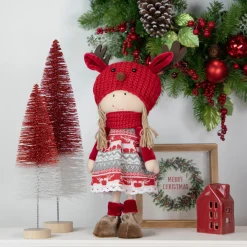 Nordic Girl with Moose Antler Hat Christmas Figure - 17" - Red and White