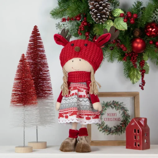 Nordic Girl with Moose Antler Hat Christmas Figure - 17" - Red and White