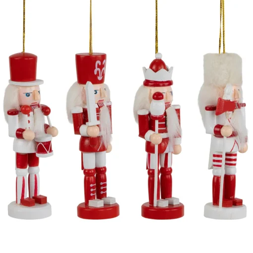 Nutcracker Soldiers Wooden Christmas Ornaments - 5" - Red and White - Set of 4