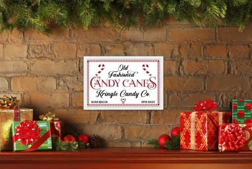 Old Fashioned Candy Canes Kringle Candy Co 13.5" x 19.5" Framed Christmas Wall Decor Sign Poster in a Natural Wooden Frame with UV Acrylic