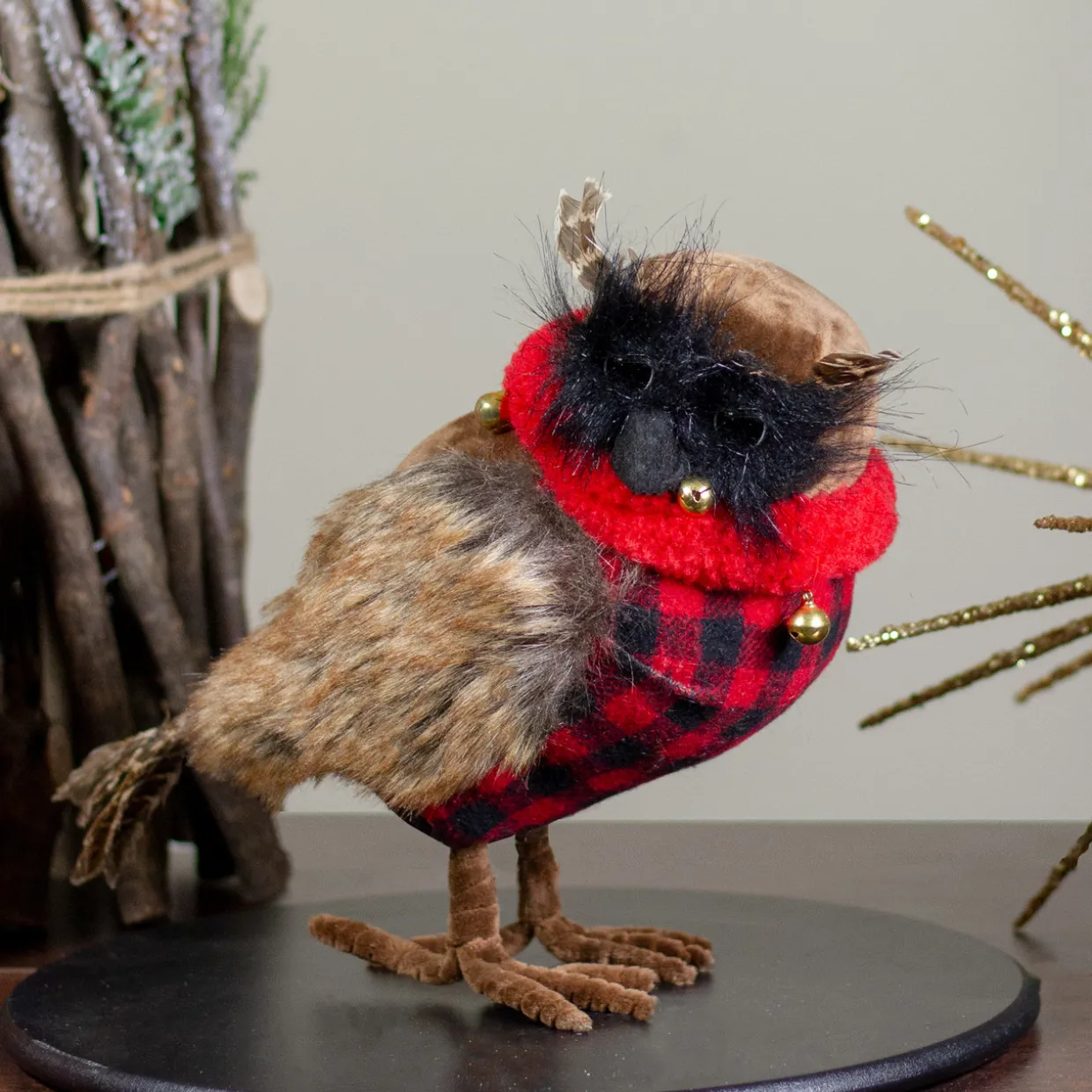 Owl with Buffalo Plaid Vest and Jingle BellsChristmas Figure - 10"