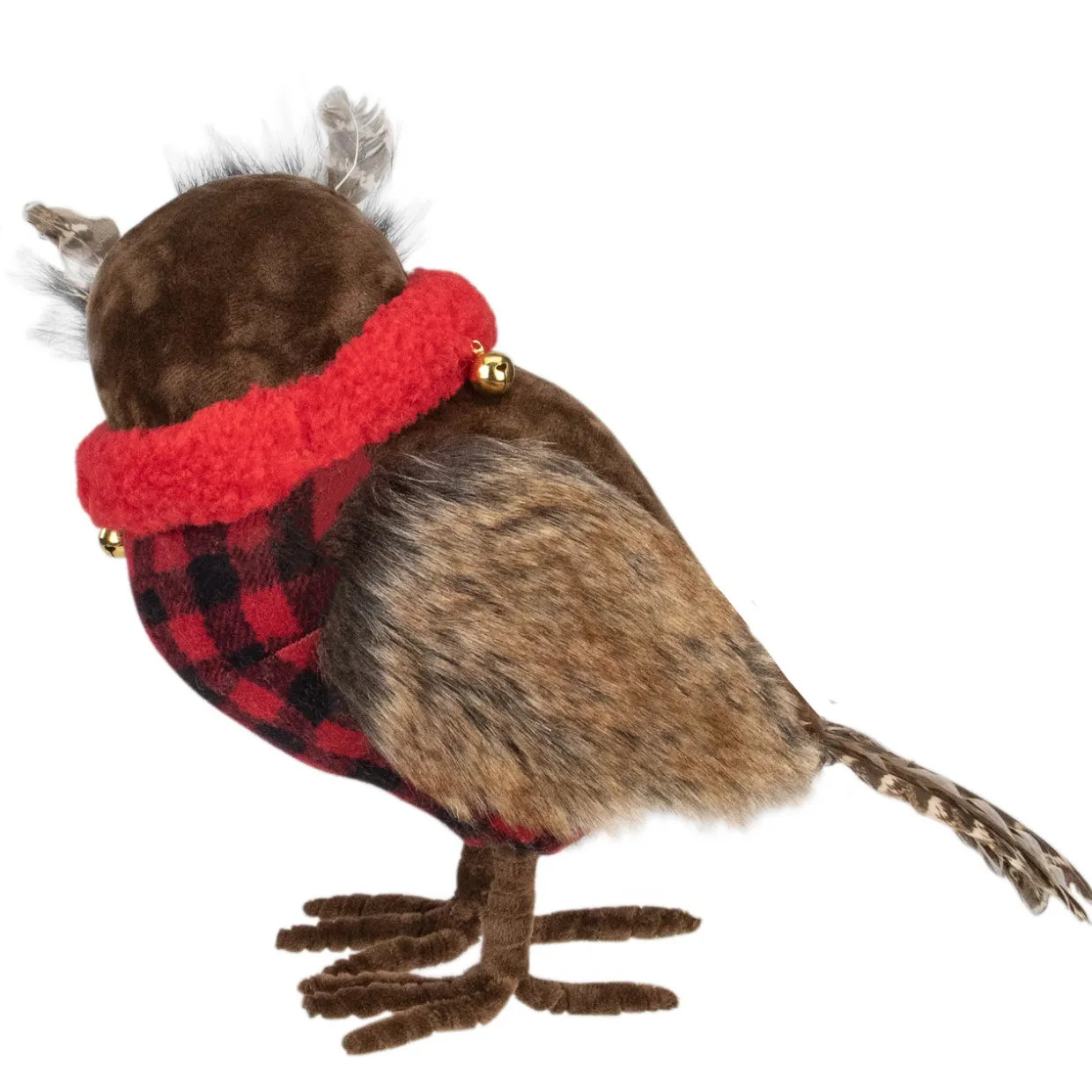Owl with Buffalo Plaid Vest and Jingle BellsChristmas Figure - 10"