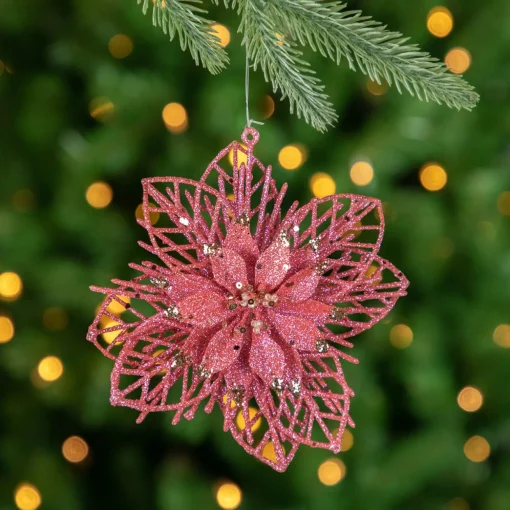 Pack of 4 Glittered Pink Poinsettia Christmas Ornaments 6"
