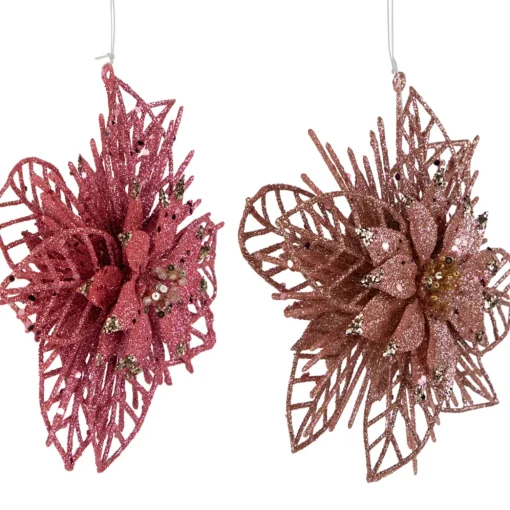 Pack of 4 Glittered Pink Poinsettia Christmas Ornaments 6"