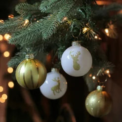 4-Piece Champagne Gold and White Striped Deer Christmas Glass Ball Ornaments 3.5" (90mm)